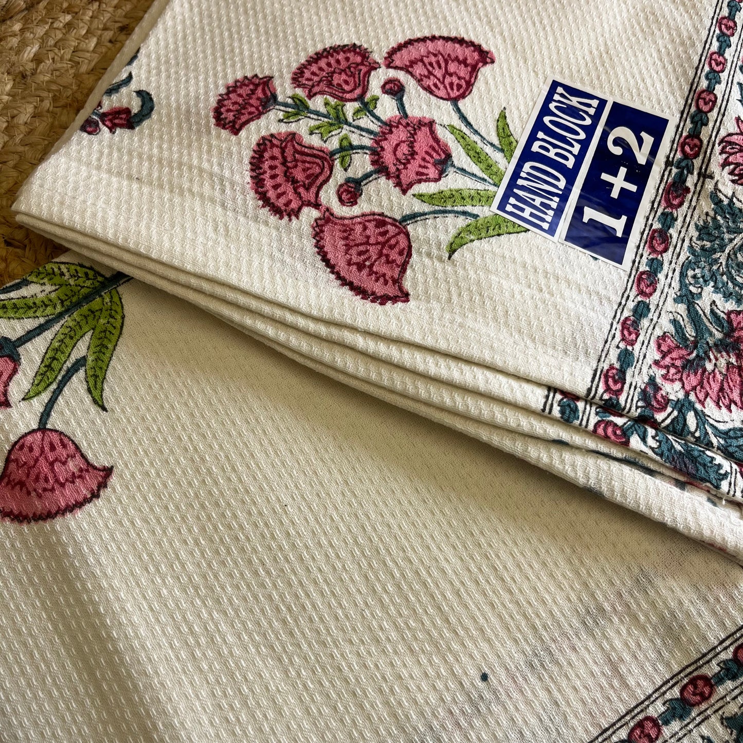 Baby Pink Flowers Handblock Waffle Cotton Towel Set