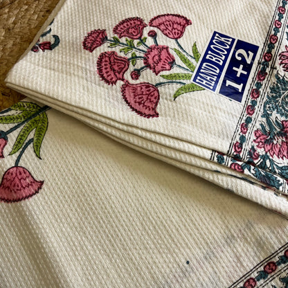 Baby Pink Flowers Handblock Waffle Cotton Towel Set