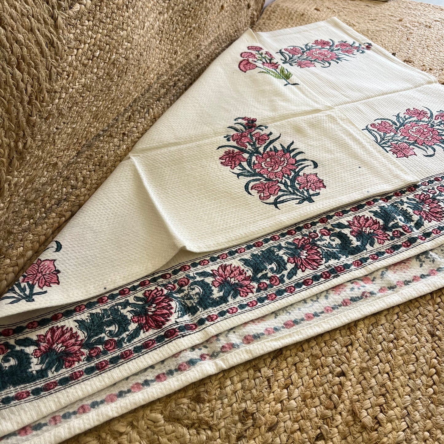 Baby Pink Flowers Handblock Waffle Cotton Towel Set