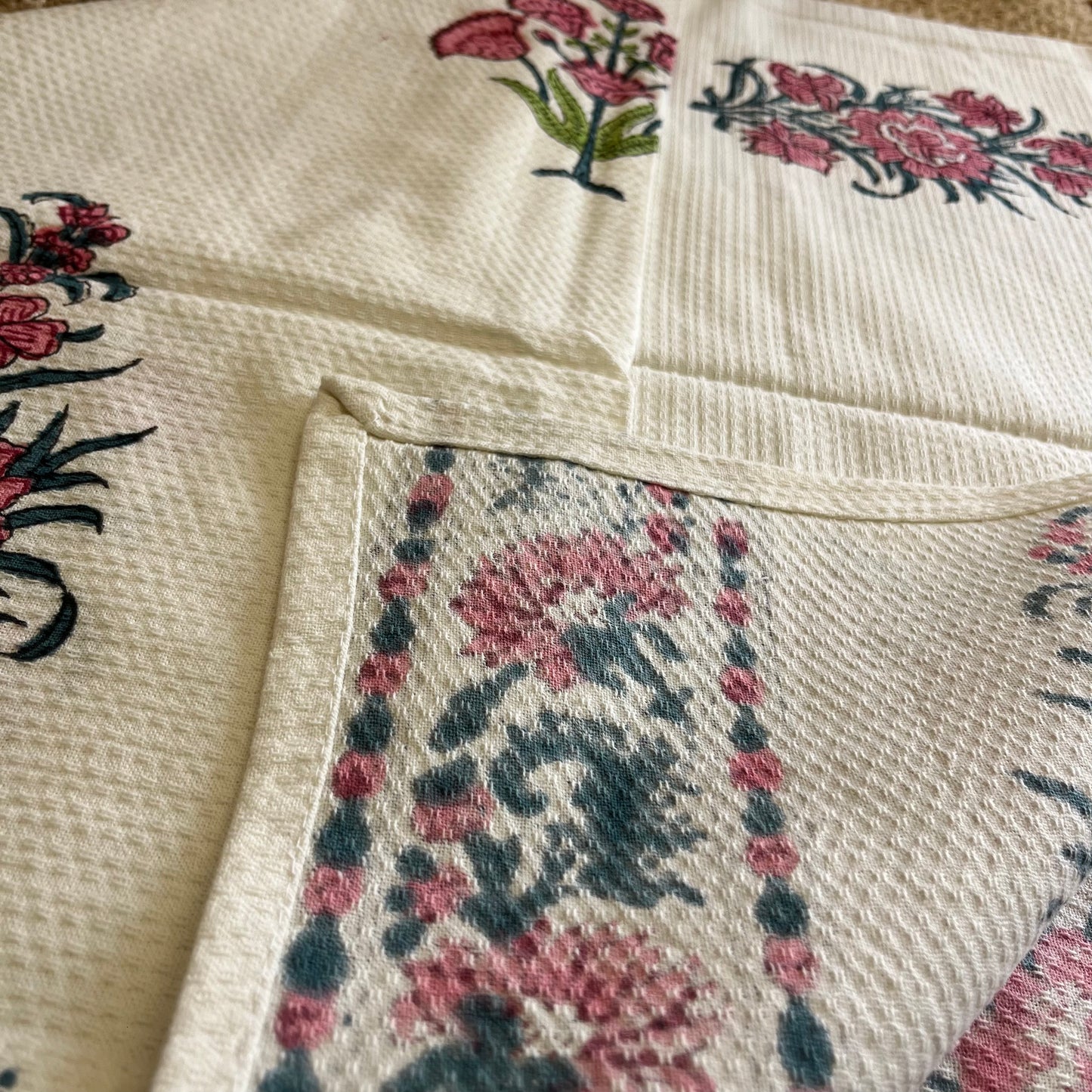 Baby Pink Flowers Handblock Waffle Cotton Towel Set