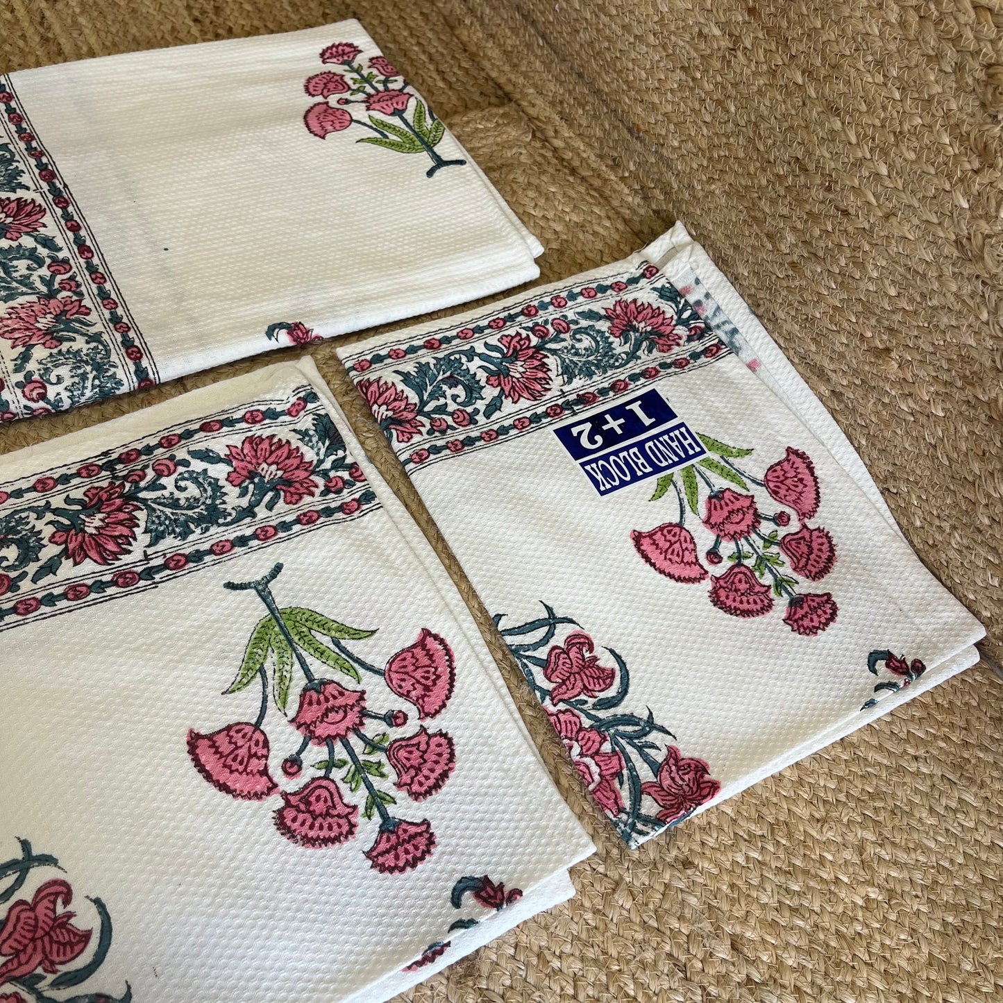 Baby Pink Flowers Handblock Waffle Cotton Towel Set