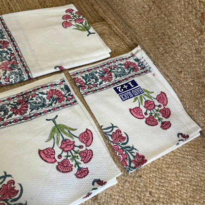 Baby Pink Flowers Handblock Waffle Cotton Towel Set