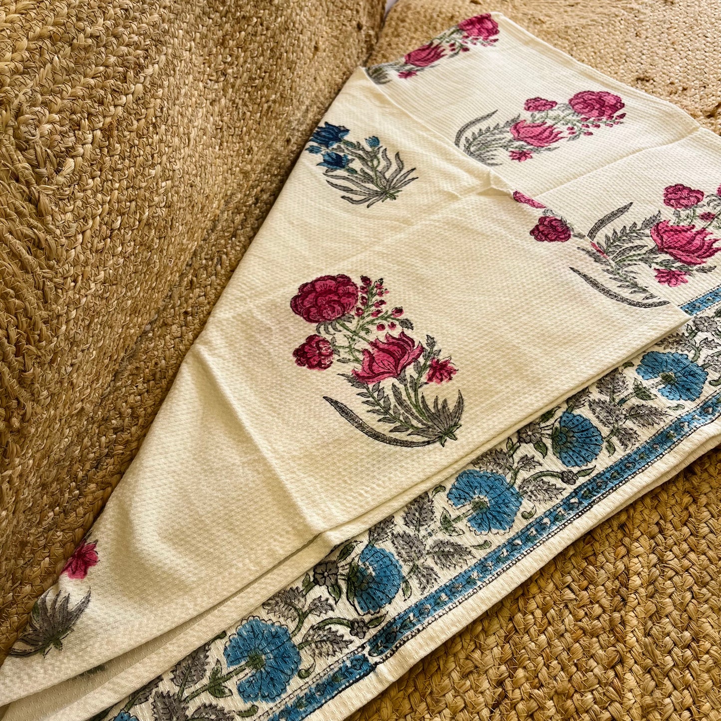 Pink Blue Flowers Handblock Waffle Cotton Towel Set
