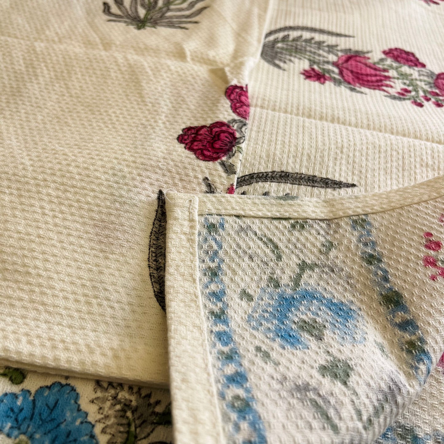 Pink Blue Flowers Handblock Waffle Cotton Towel Set