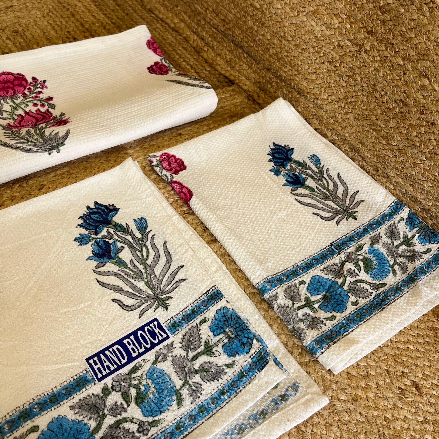 Pink Blue Flowers Handblock Waffle Cotton Towel Set