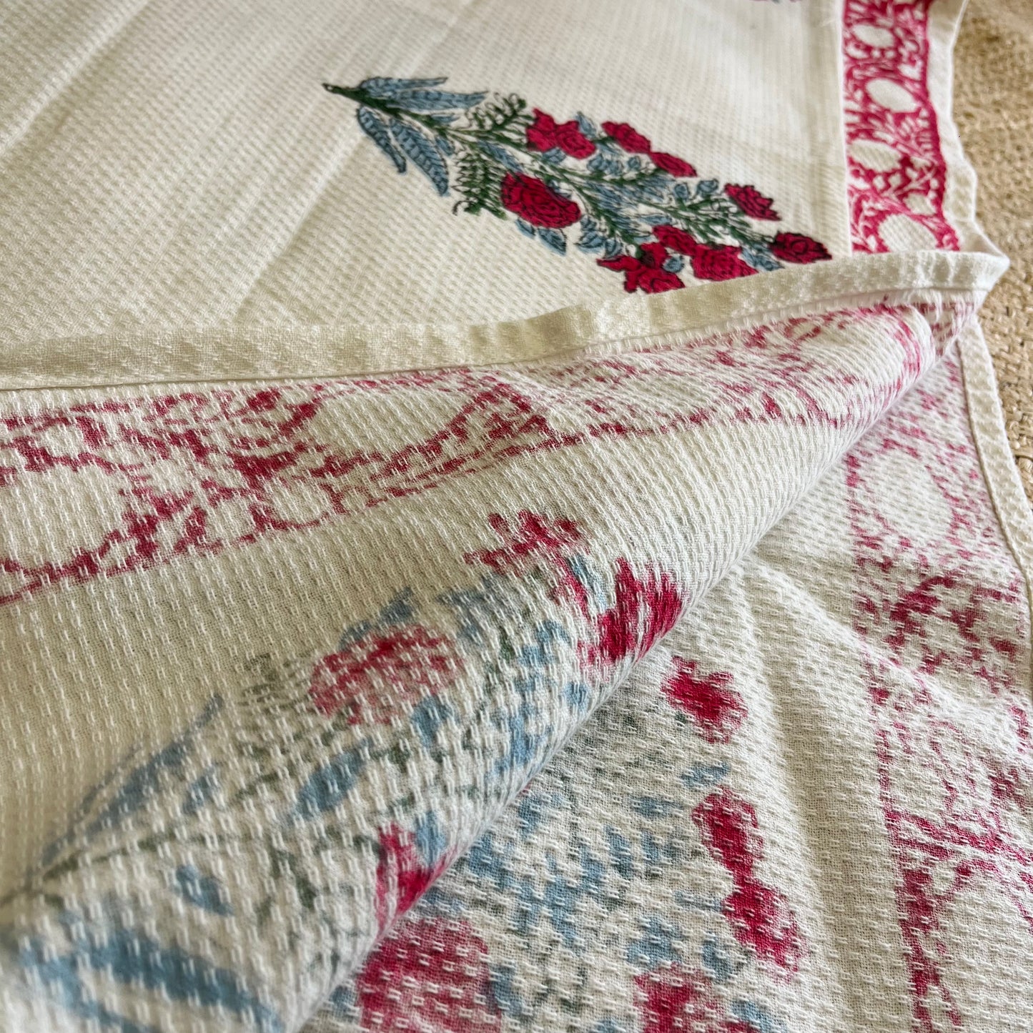 Red Roses Handblock Waffle Cotton Towel Set