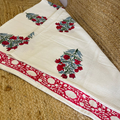 Red Roses Handblock Waffle Cotton Towel Set