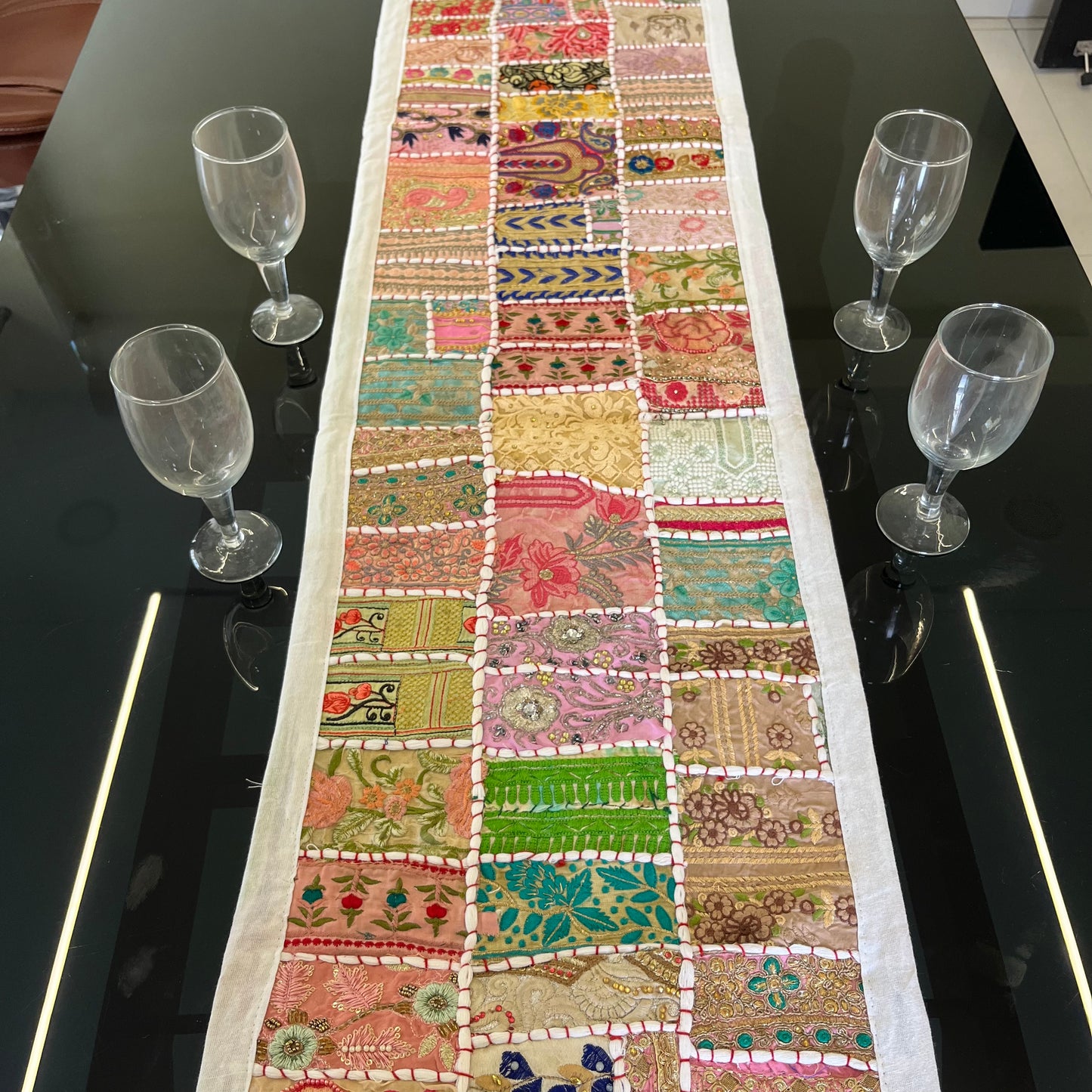 White Kambadiya Patchwork Rajasthani Table Runner