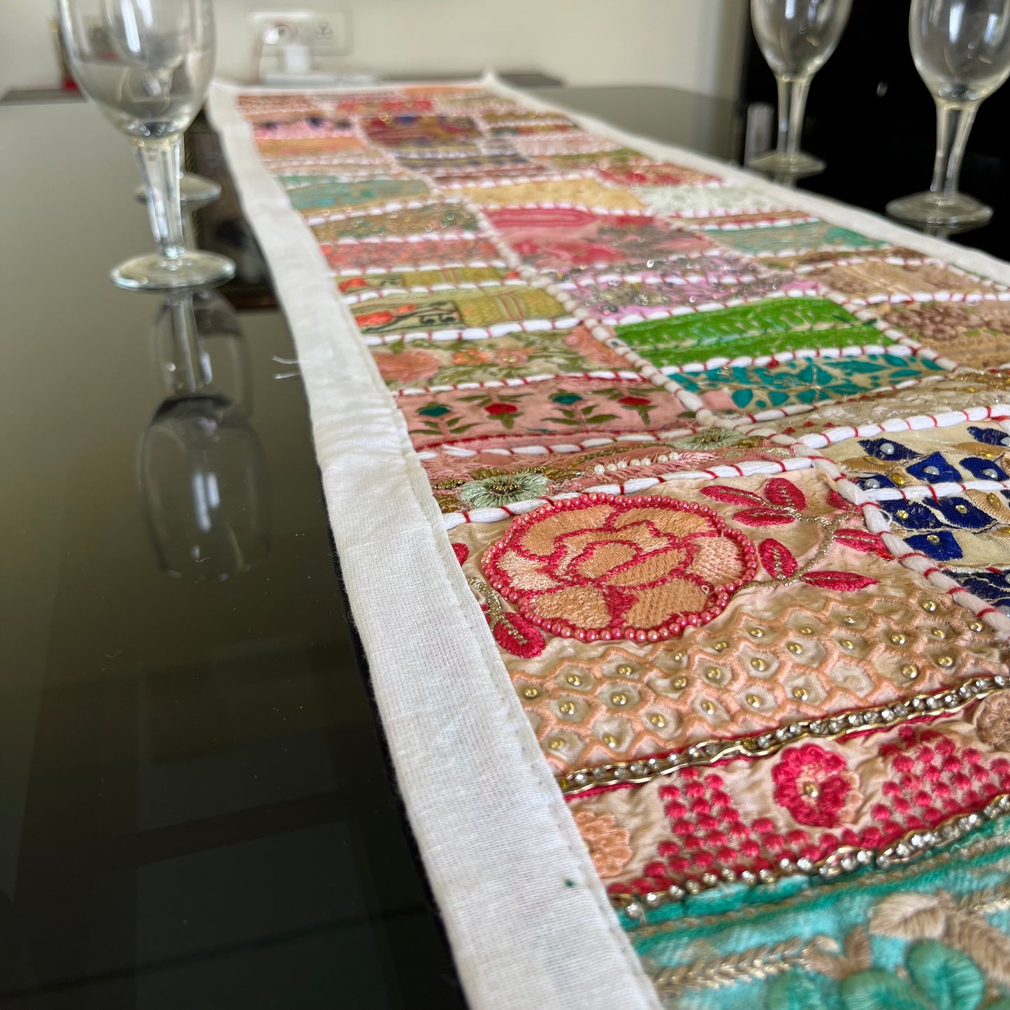 White Kambadiya Patchwork Rajasthani Table Runner