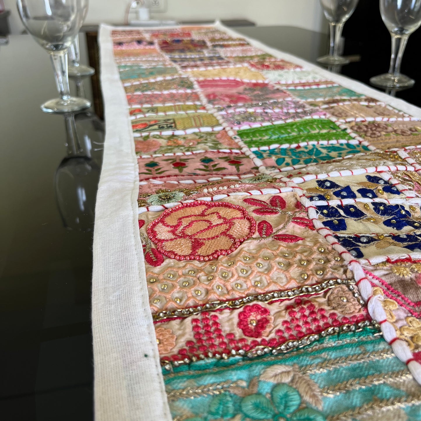White Kambadiya Patchwork Rajasthani Table Runner
