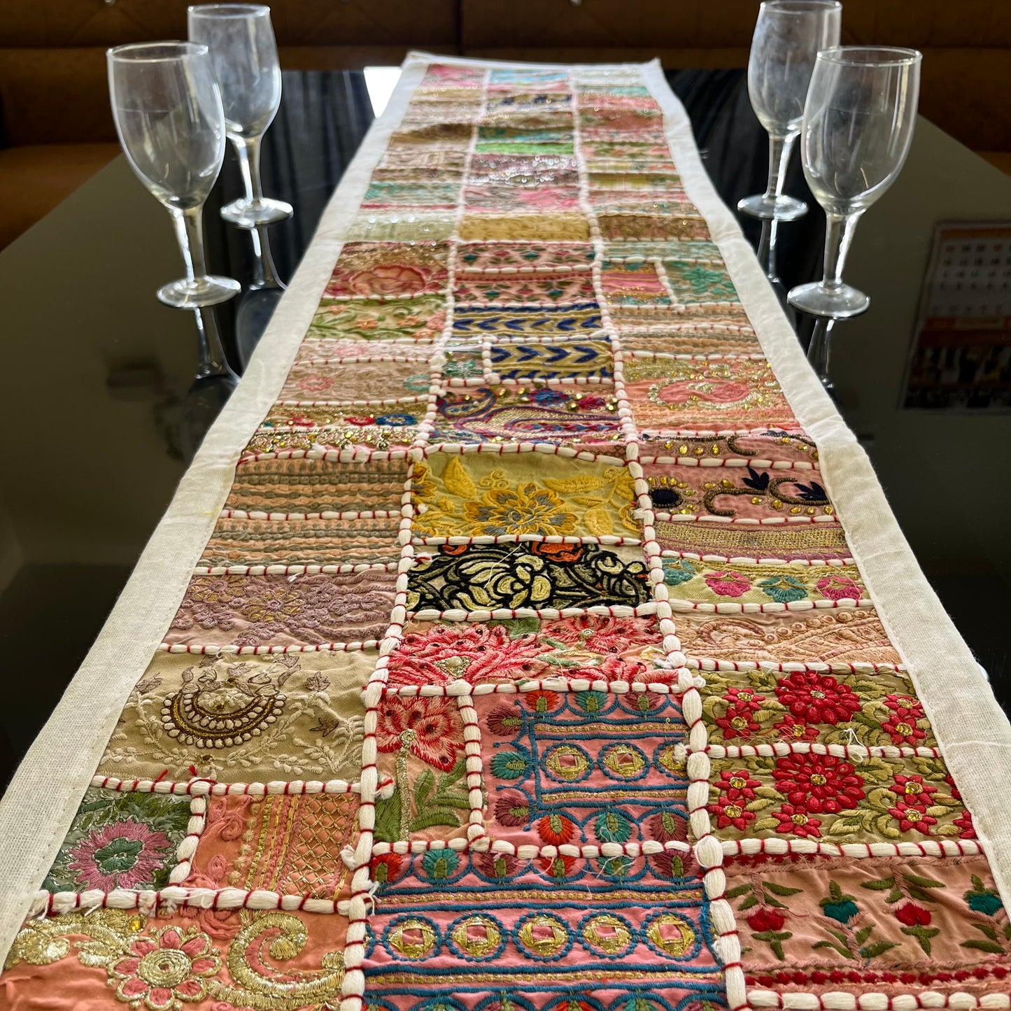 White Kambadiya Patchwork Rajasthani Table Runner