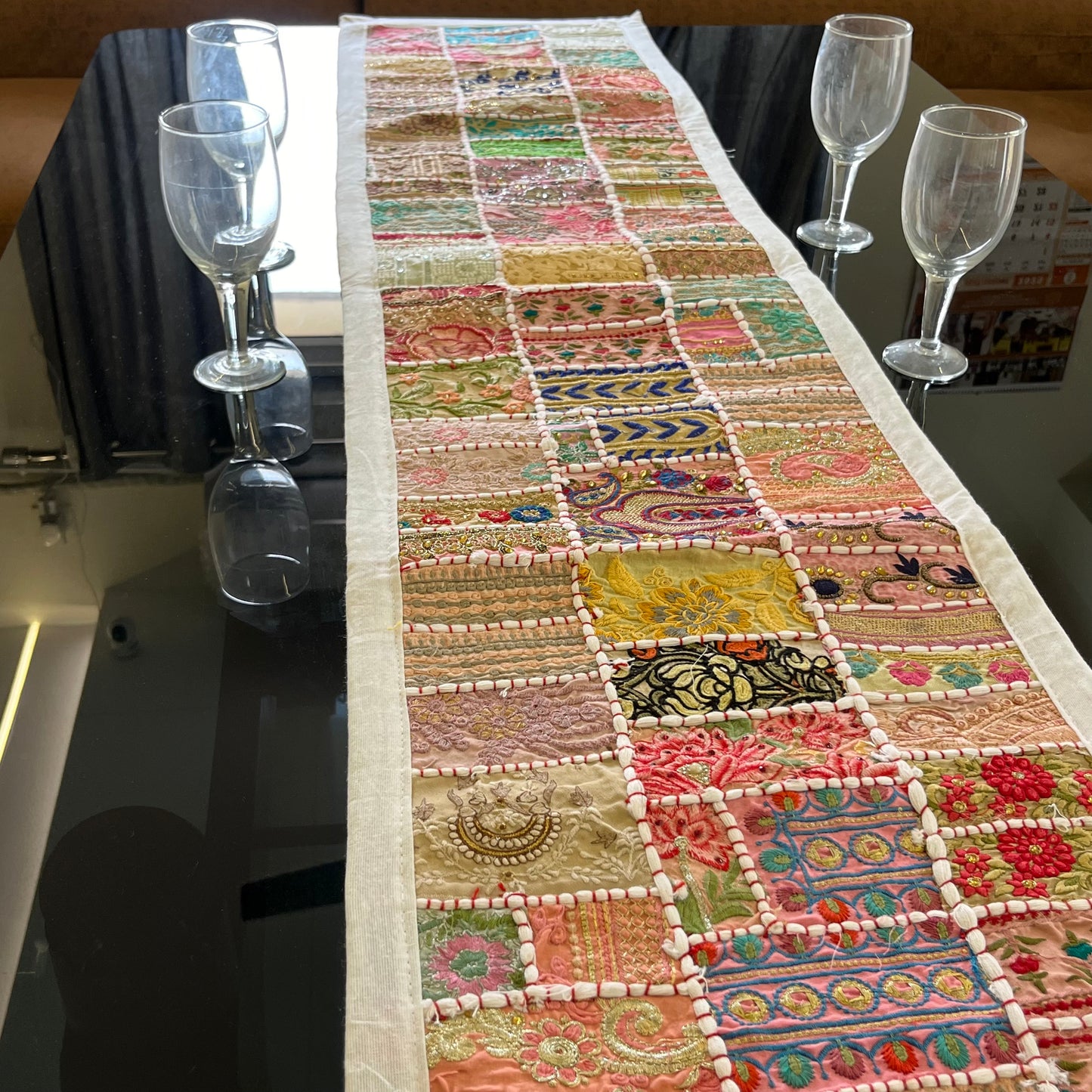 White Kambadiya Patchwork Rajasthani Table Runner