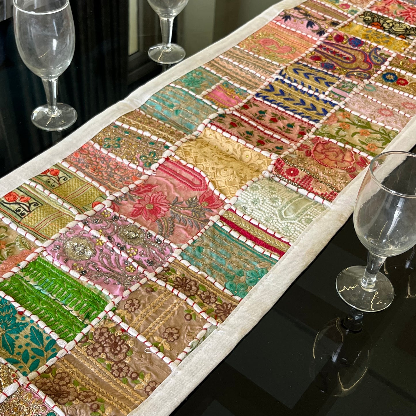 White Kambadiya Patchwork Rajasthani Table Runner