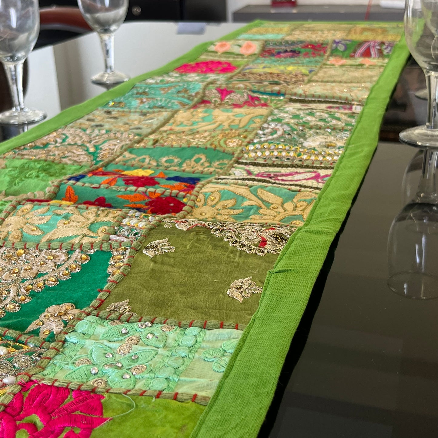 Parrot Green Kambadiya Patchwork Rajasthani Table Runner