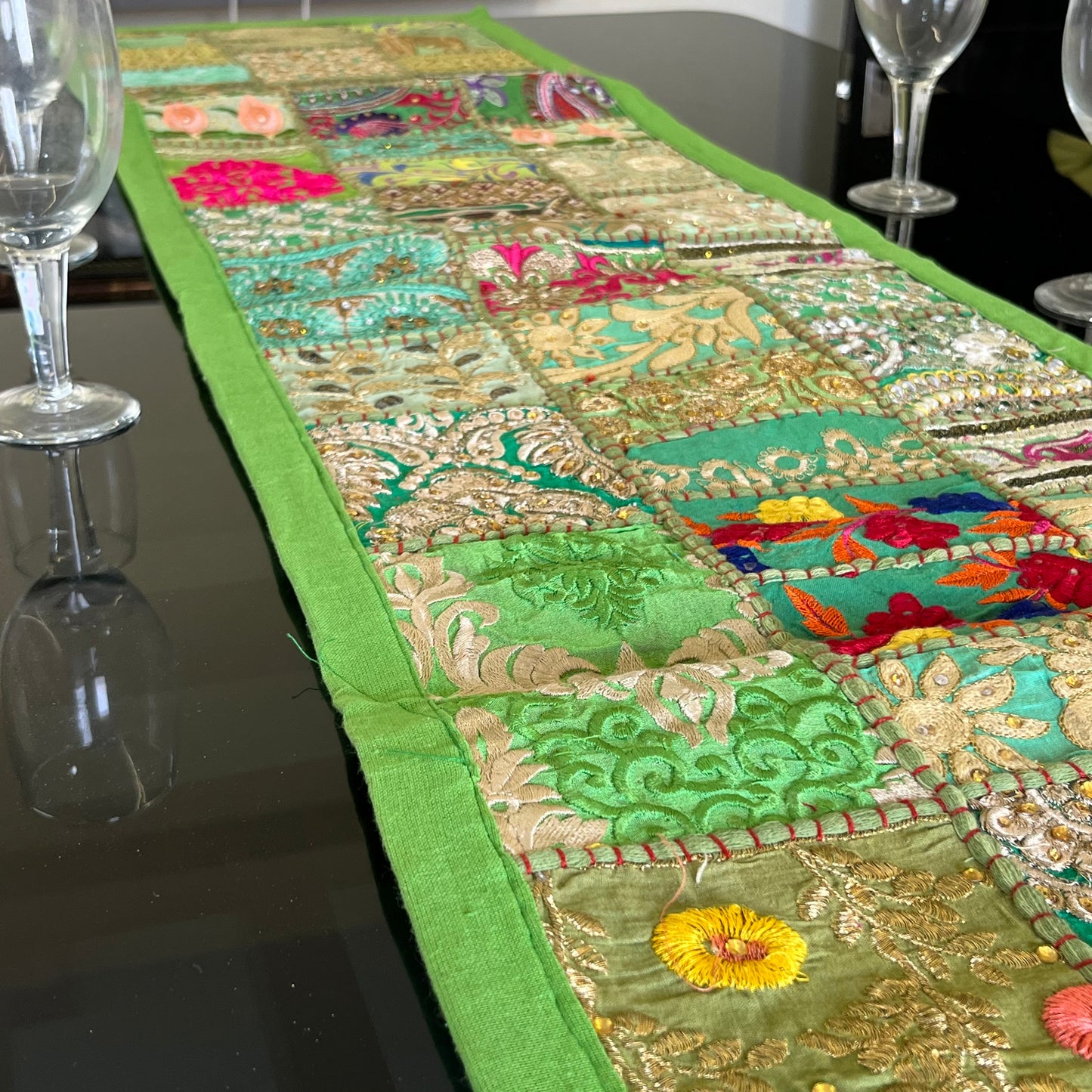 Parrot Green Kambadiya Patchwork Rajasthani Table Runner