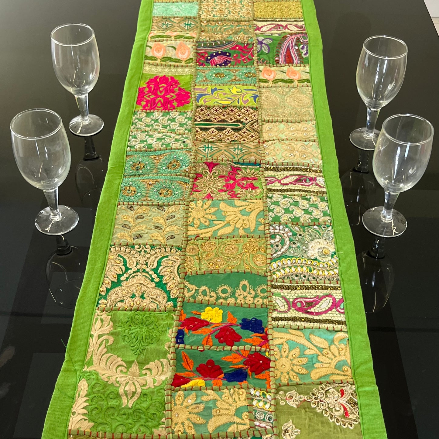 Parrot Green Kambadiya Patchwork Rajasthani Table Runner