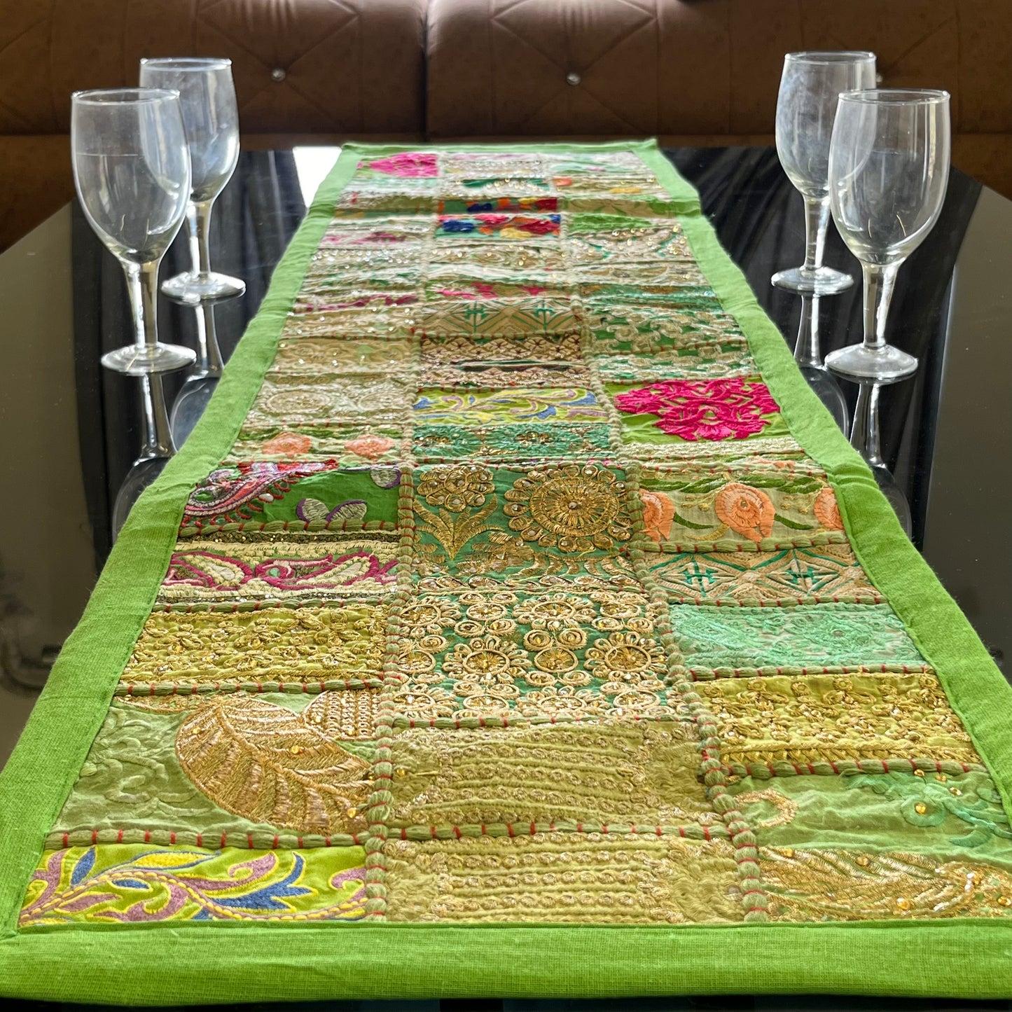 Parrot Green Kambadiya Patchwork Rajasthani Table Runner