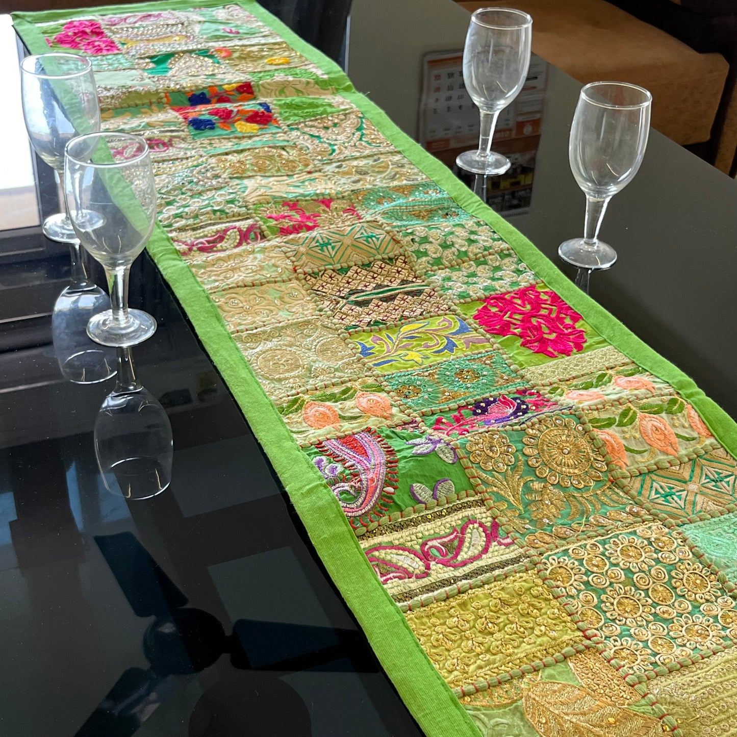 Parrot Green Kambadiya Patchwork Rajasthani Table Runner