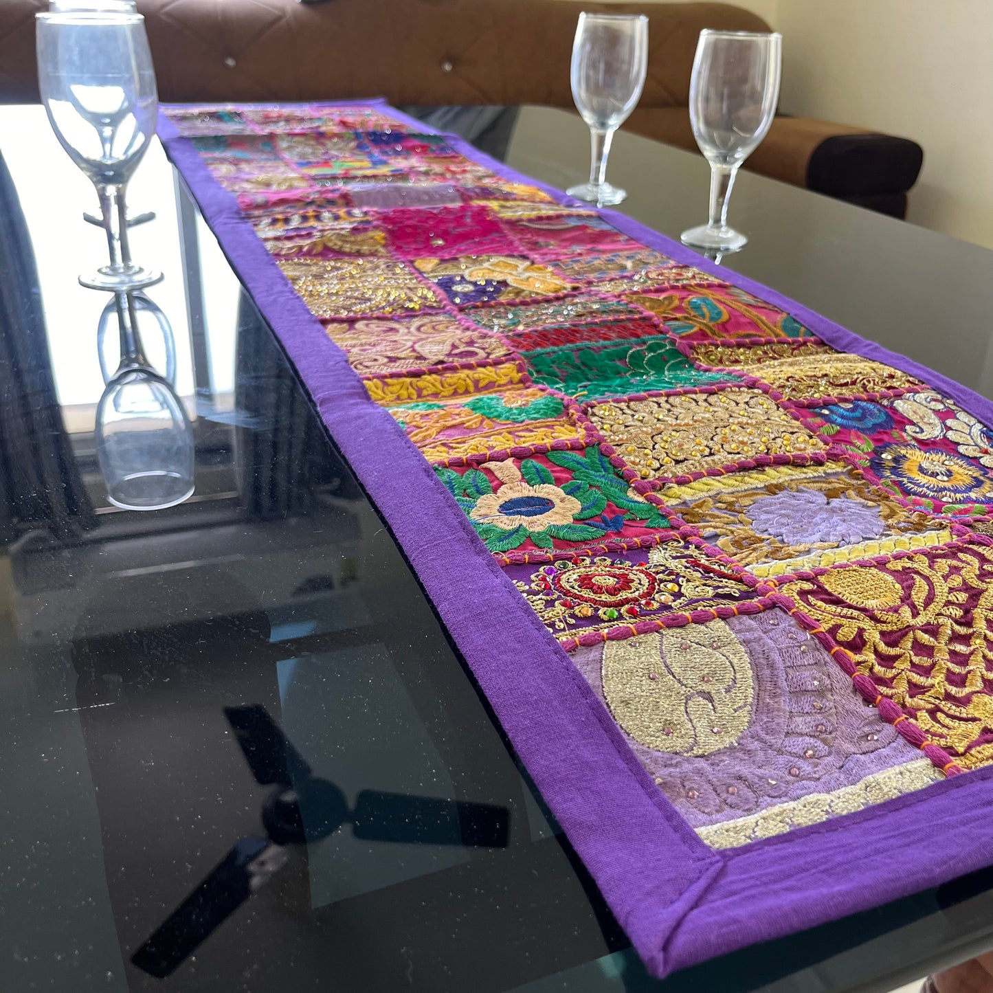 Purple Kambadiya Patchwork Rajasthani Table Runner
