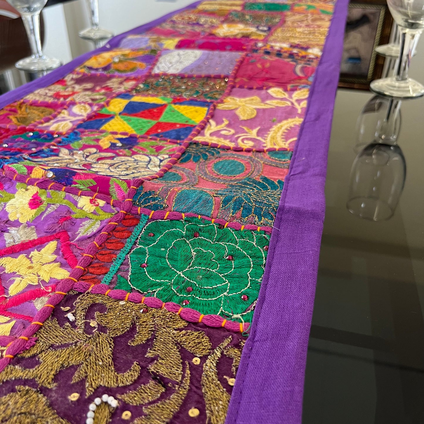 Purple Kambadiya Patchwork Rajasthani Table Runner