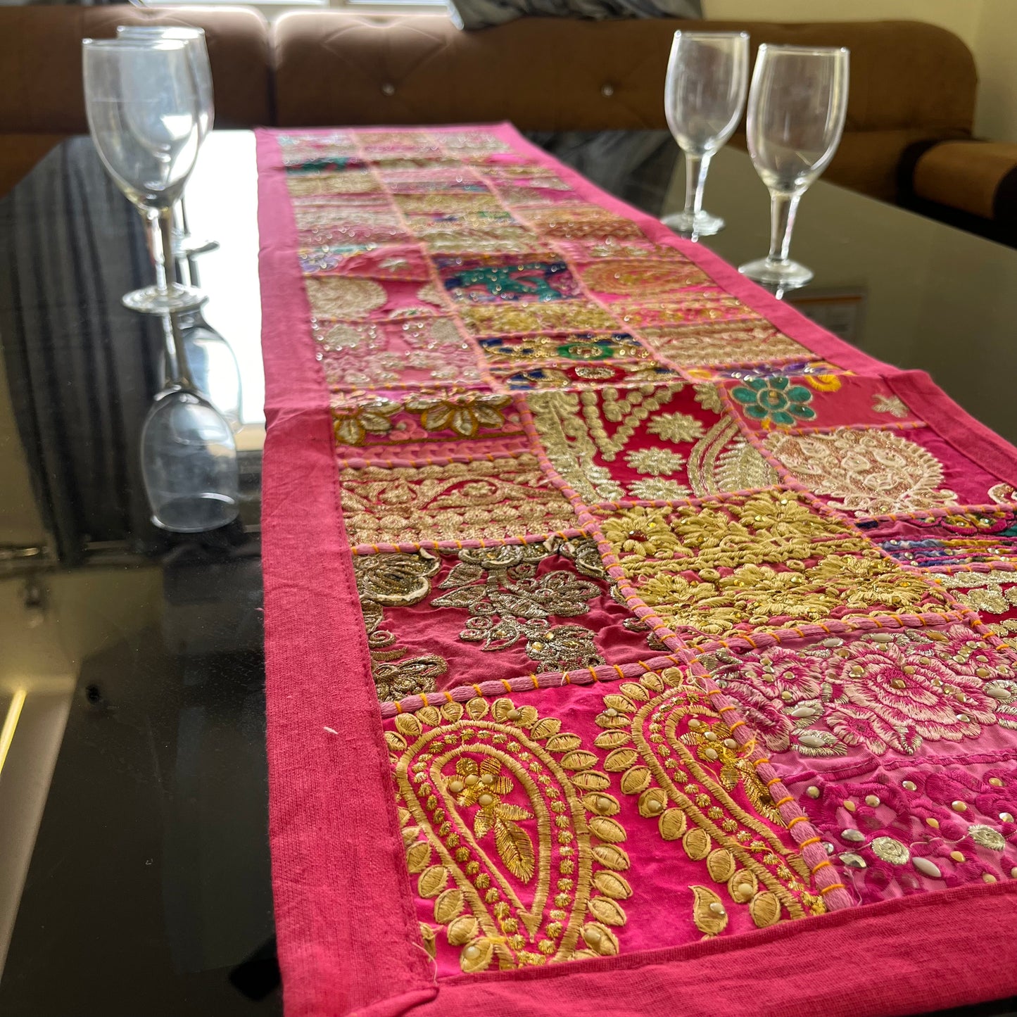 Pink  Kambadiya Patchwork Rajasthani Table Runner