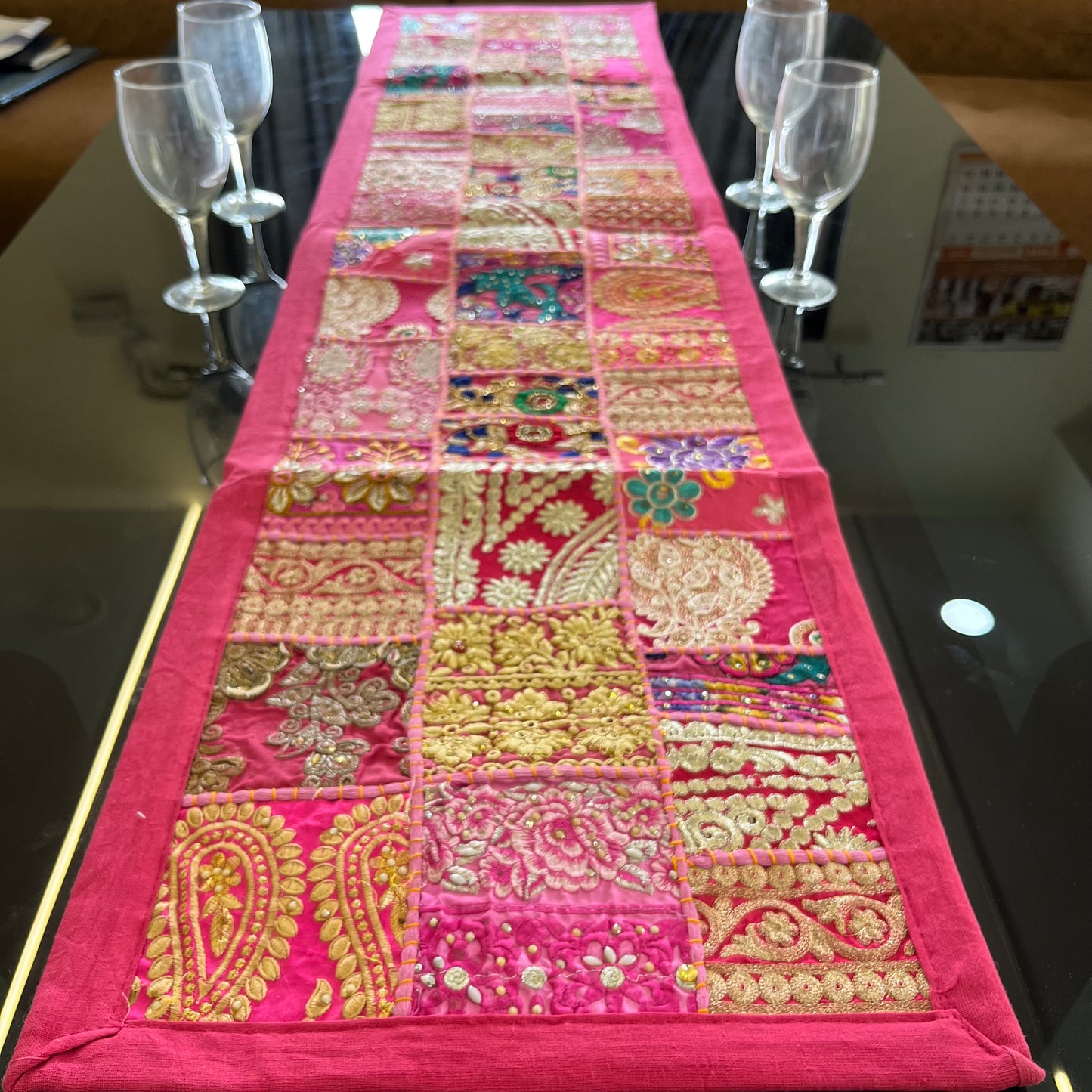 Pink  Kambadiya Patchwork Rajasthani Table Runner