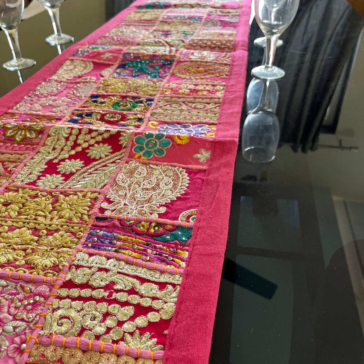 Pink  Kambadiya Patchwork Rajasthani Table Runner