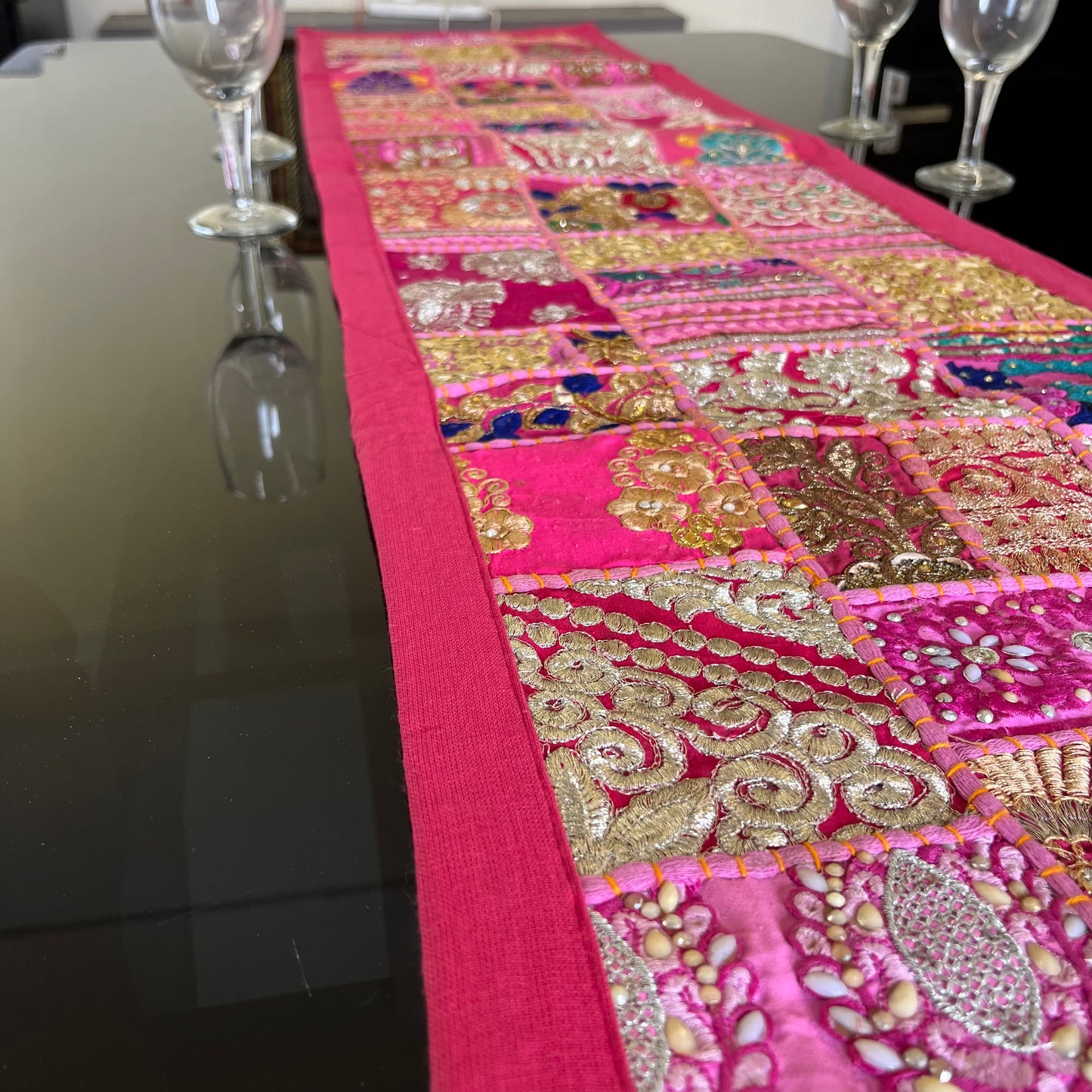 Pink  Kambadiya Patchwork Rajasthani Table Runner