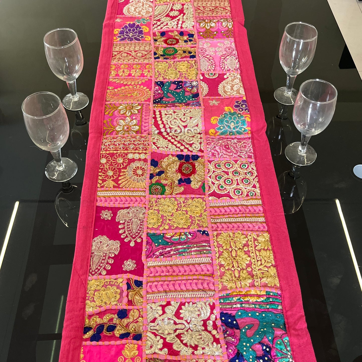 Pink  Kambadiya Patchwork Rajasthani Table Runner