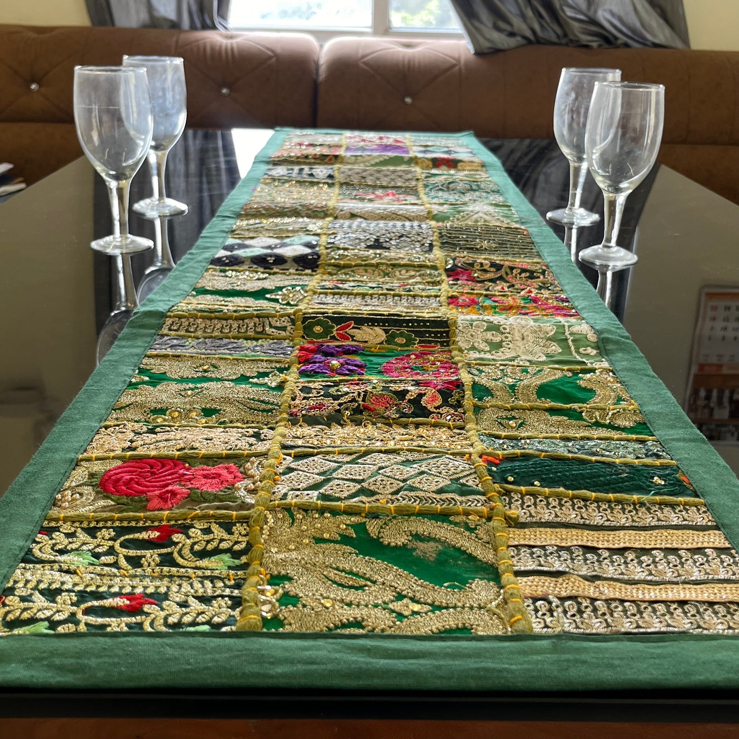 Dark Green Kambadiya Patchwork Rajasthani Table Runner