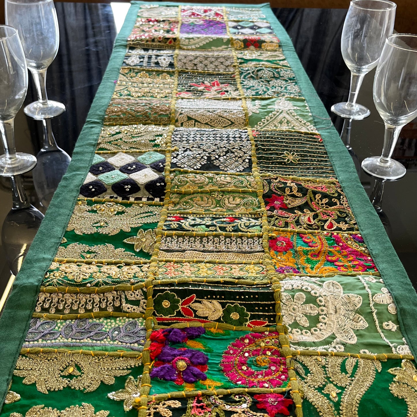 Dark Green Kambadiya Patchwork Rajasthani Table Runner
