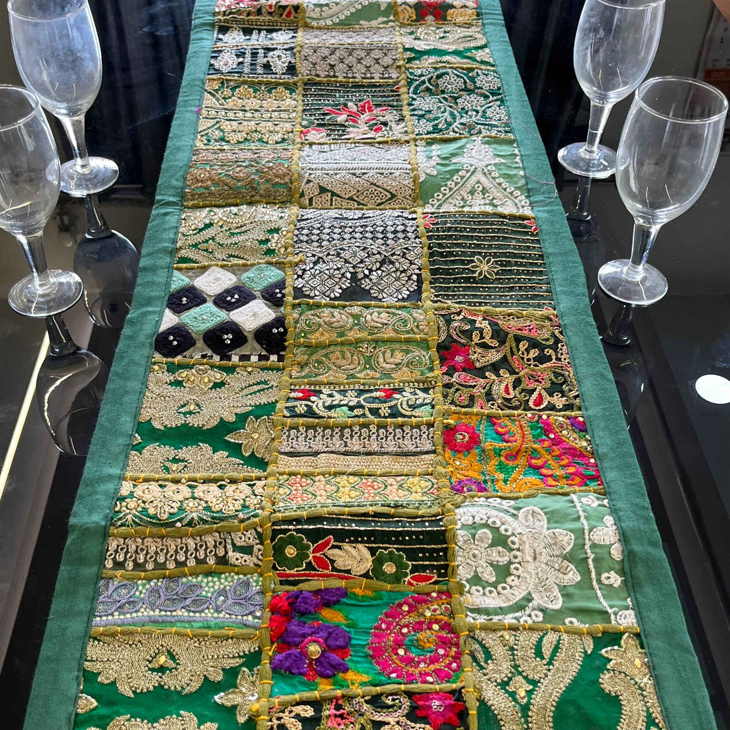 Dark Green Kambadiya Patchwork Rajasthani Table Runner