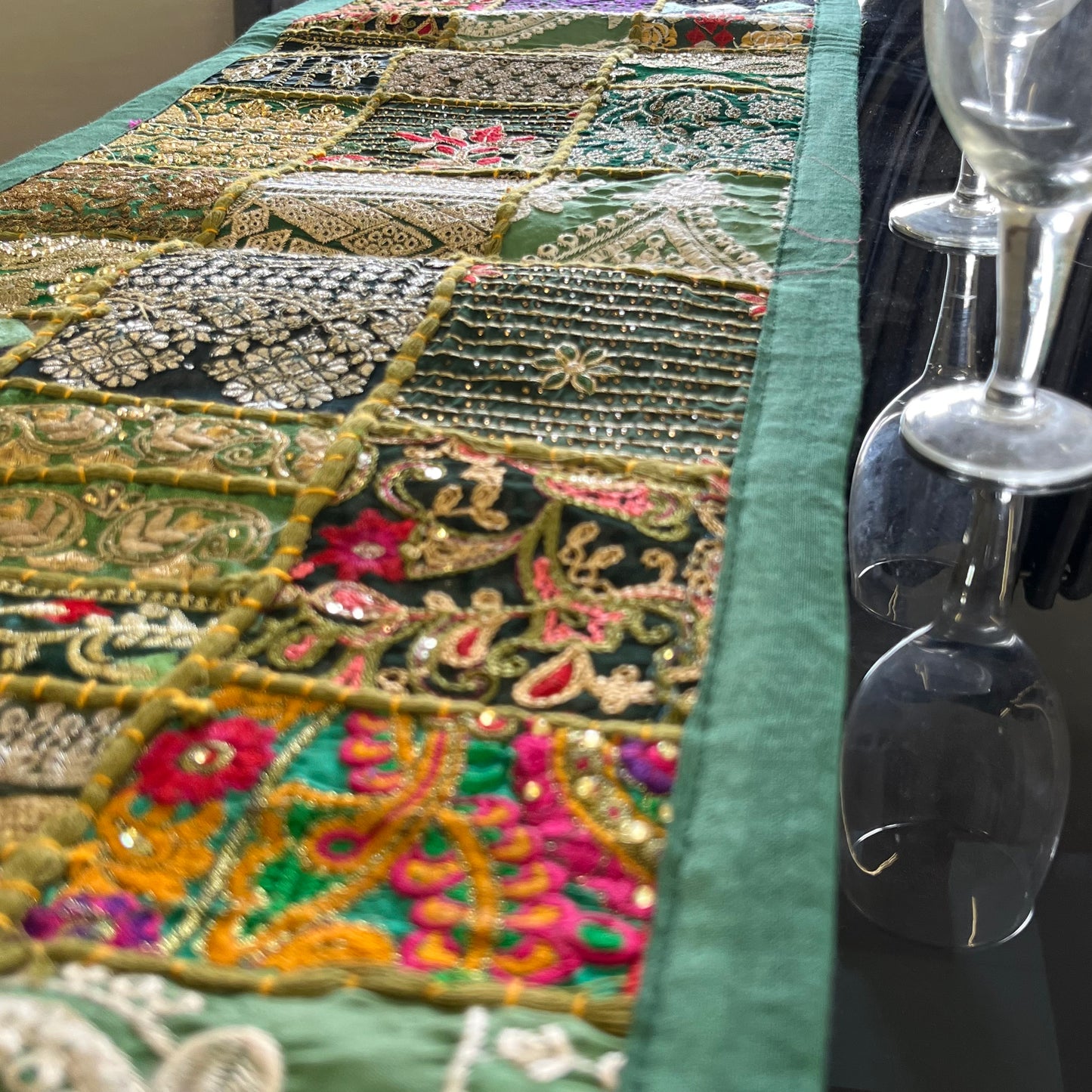Dark Green Kambadiya Patchwork Rajasthani Table Runner