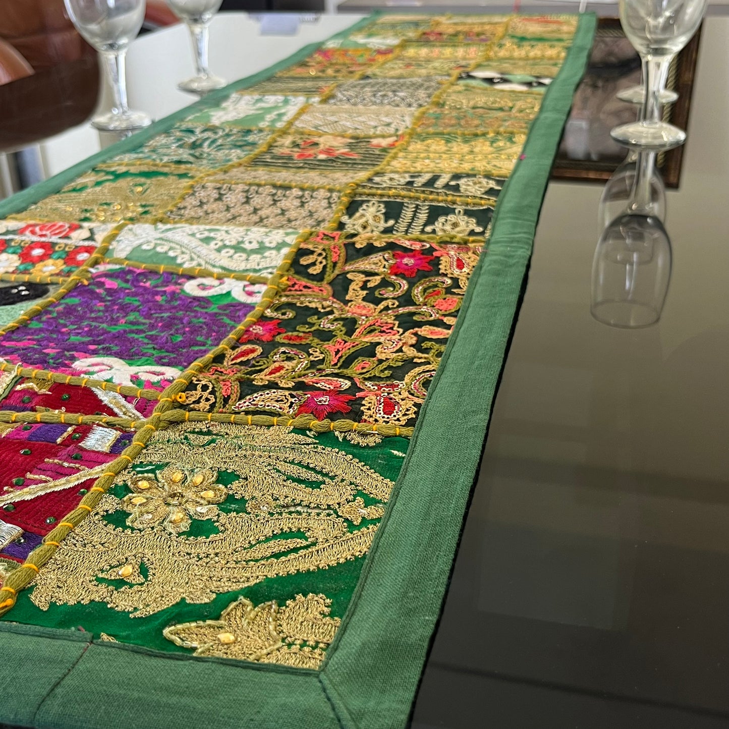 Dark Green Kambadiya Patchwork Rajasthani Table Runner
