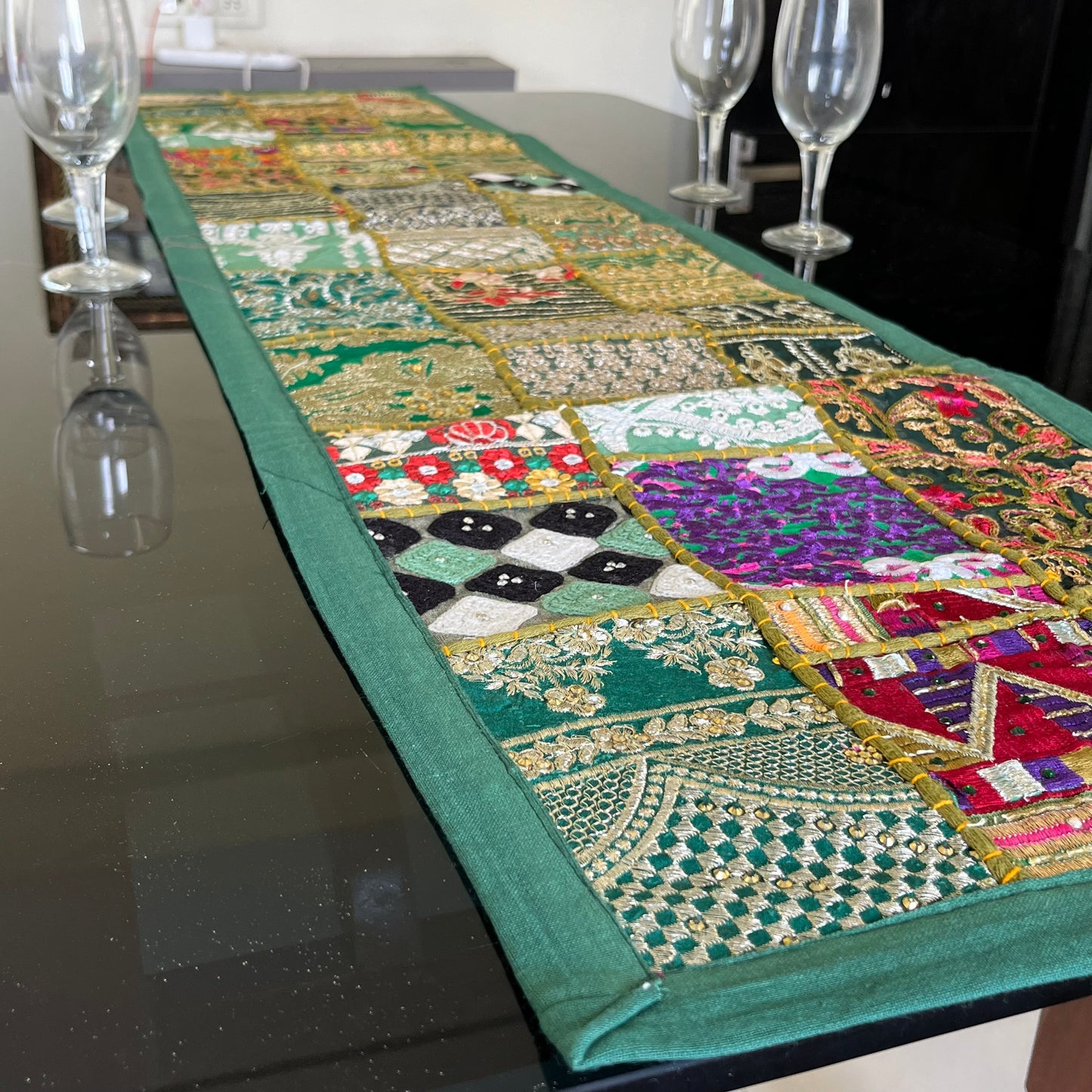 Dark Green Kambadiya Patchwork Rajasthani Table Runner