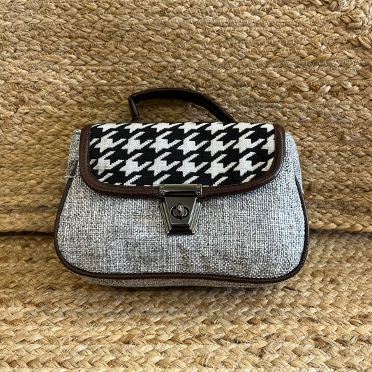 Grey Black Handblock Printed Vegan Leather Sling Bag