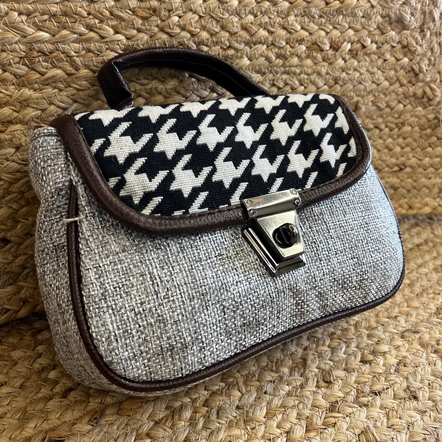 Grey Black Handblock Printed Vegan Leather Sling Bag