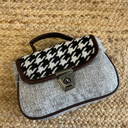 Grey Black Handblock Printed Vegan Leather Sling Bag