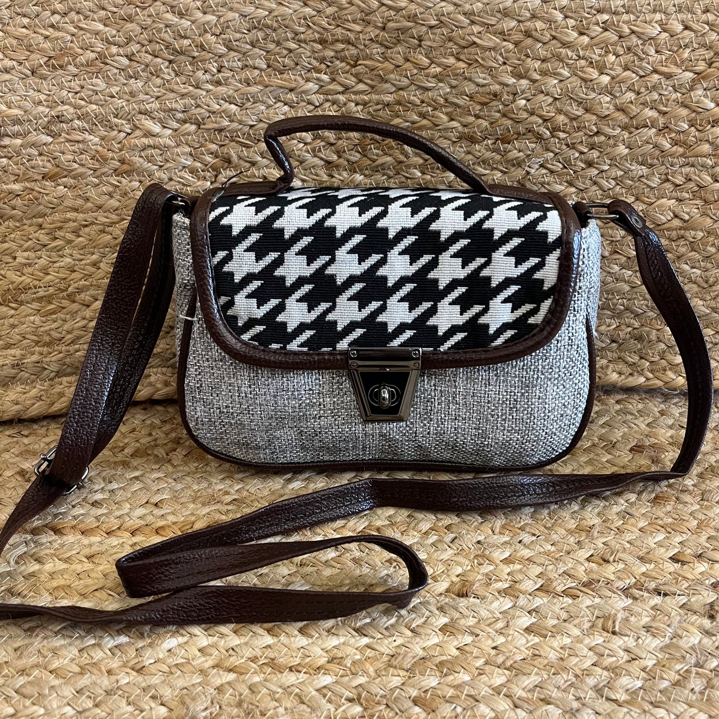Grey Black Handblock Printed Vegan Leather Sling Bag