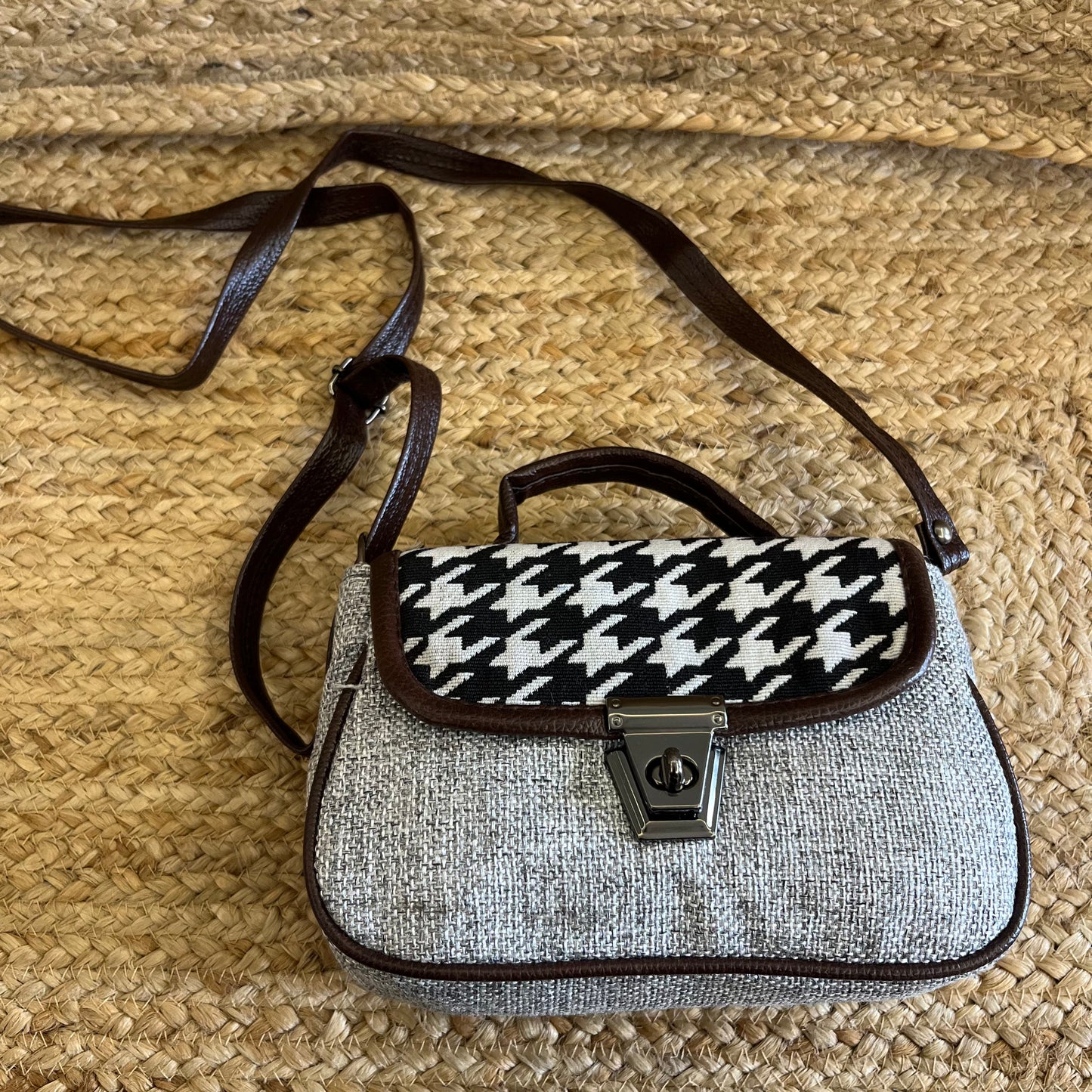 Grey Black Handblock Printed Vegan Leather Sling Bag