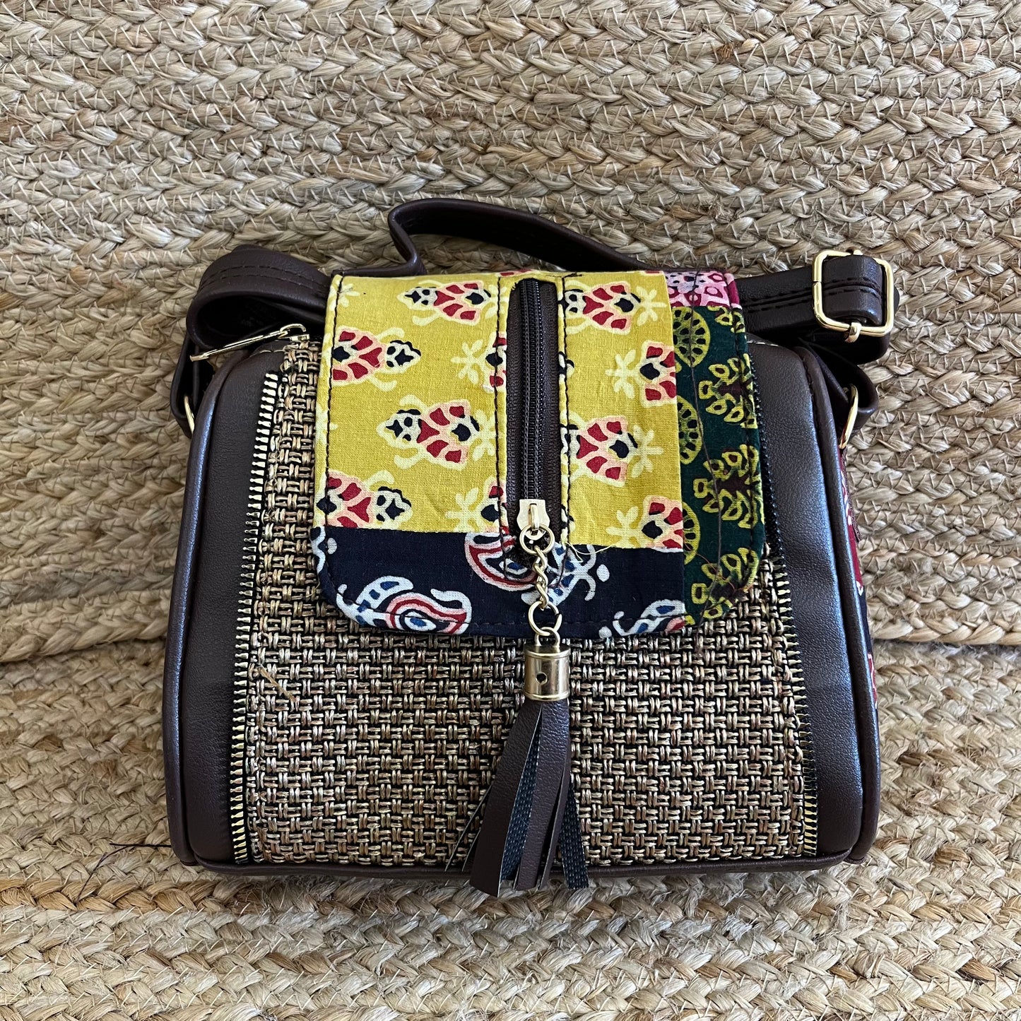 Yellow Jacquard Handblock Printed Vegan Leather Sling Bag