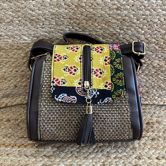 Yellow Jacquard Handblock Printed Vegan Leather Sling Bag