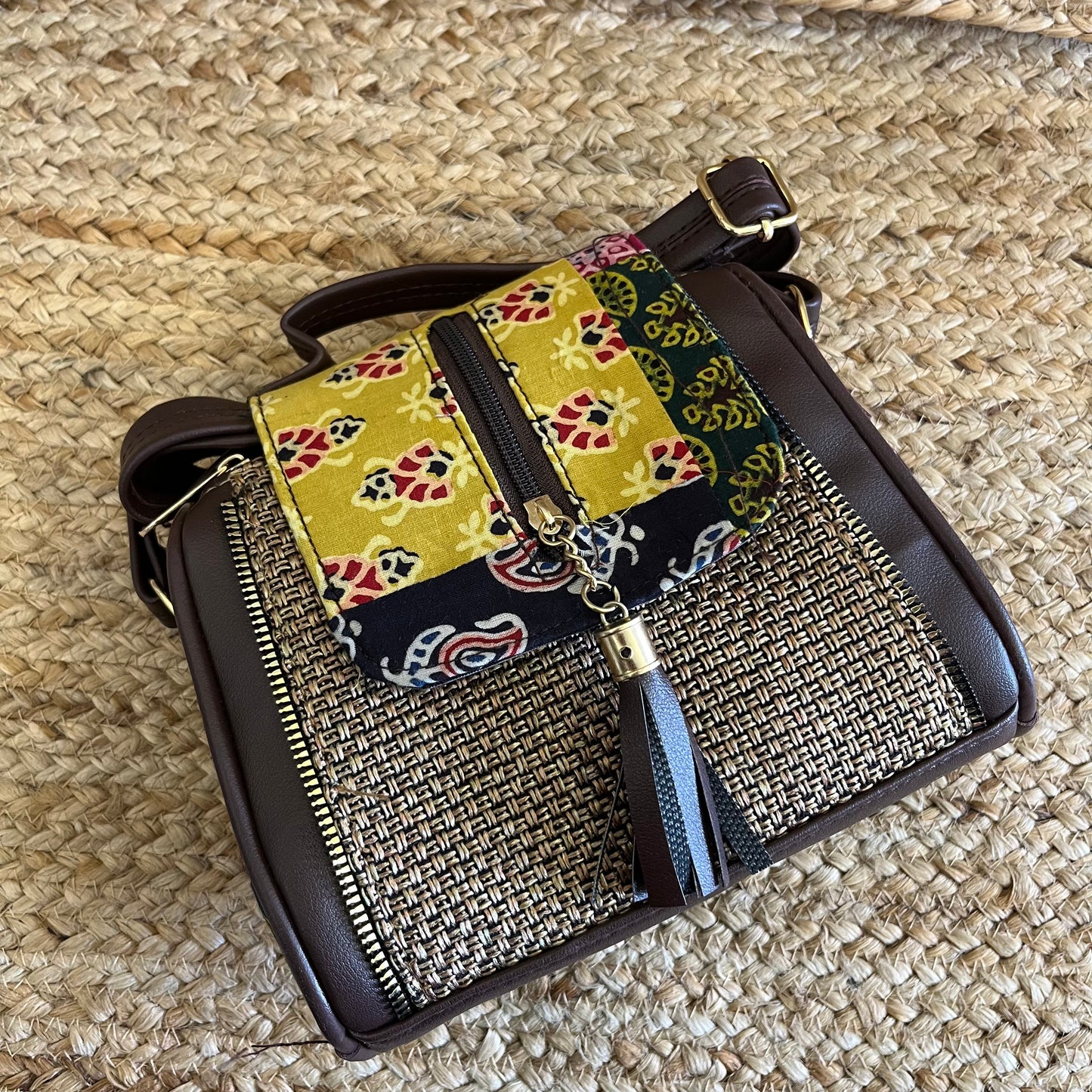 Yellow Jacquard Handblock Printed Vegan Leather Sling Bag