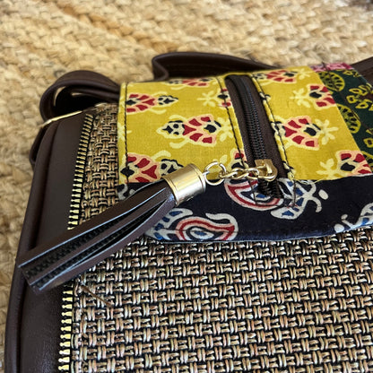 Yellow Jacquard Handblock Printed Vegan Leather Sling Bag
