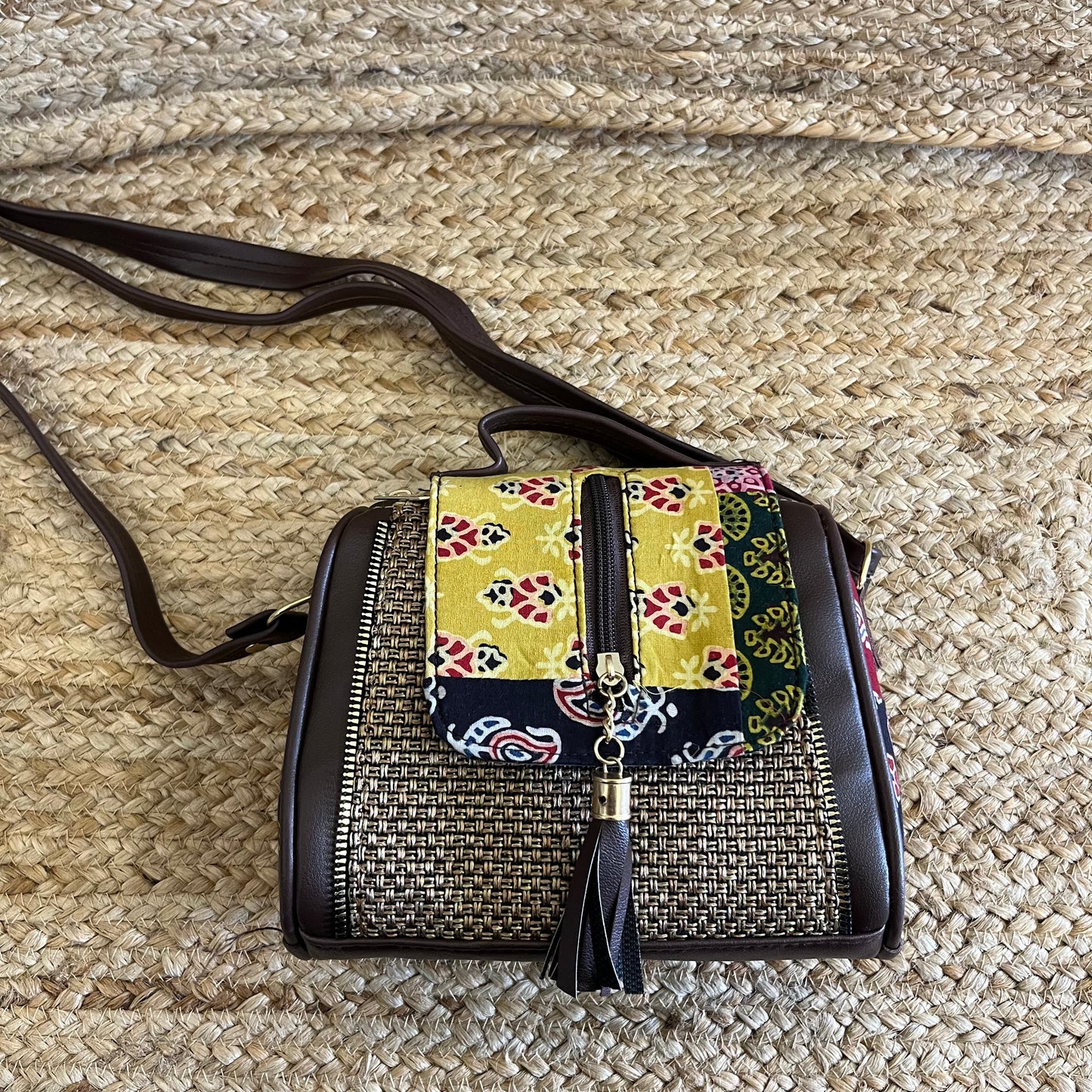 Yellow Jacquard Handblock Printed Vegan Leather Sling Bag