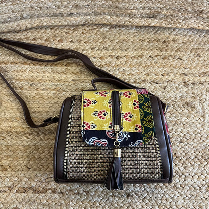 Yellow Jacquard Handblock Printed Vegan Leather Sling Bag