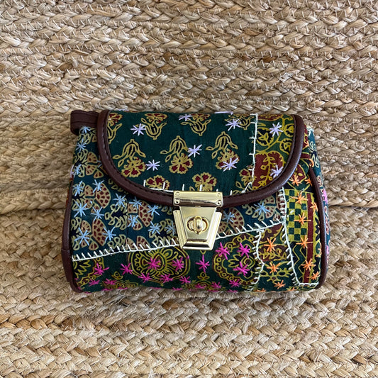 Green Handblock Printed Vegan Leather Sling Bag