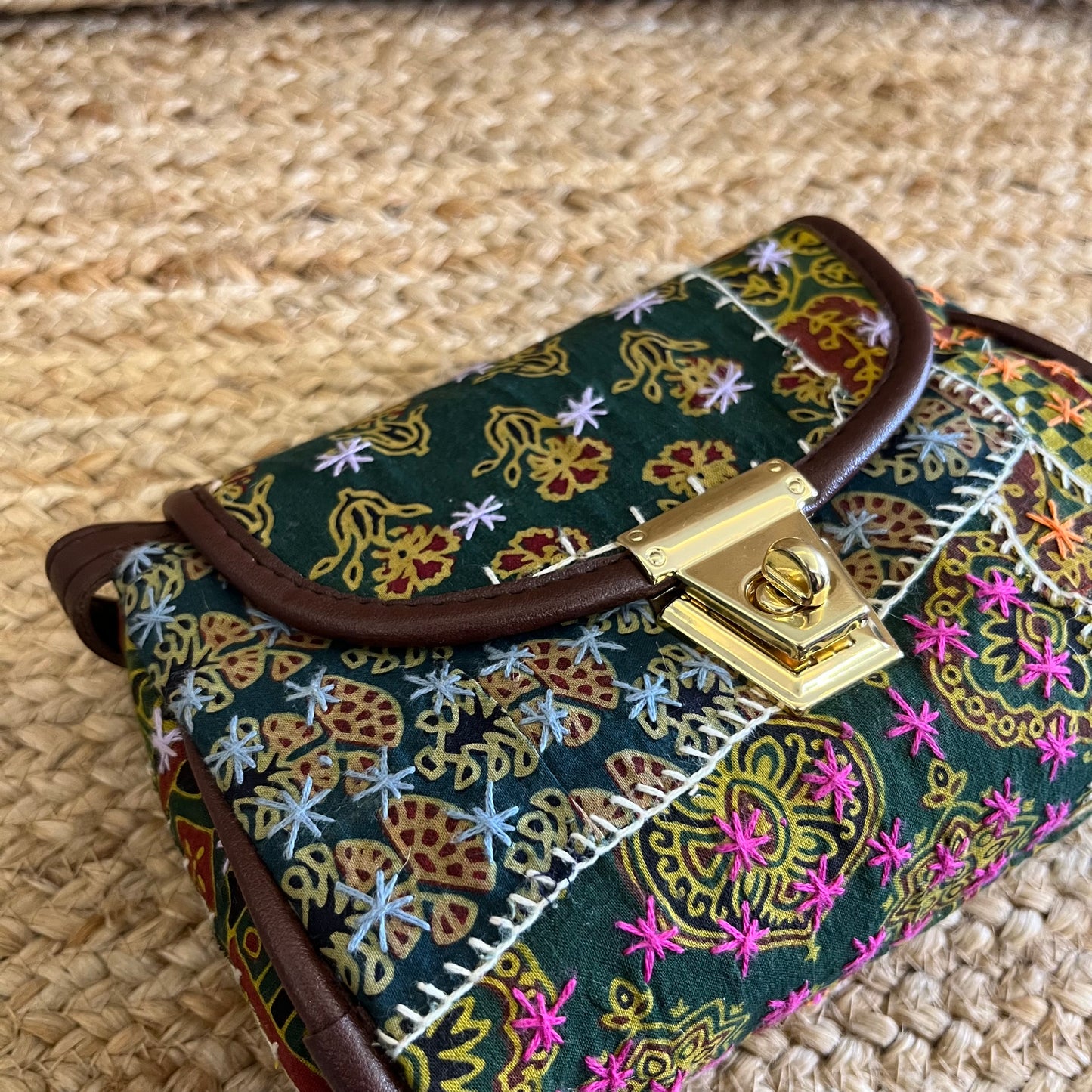 Green Handblock Printed Vegan Leather Sling Bag