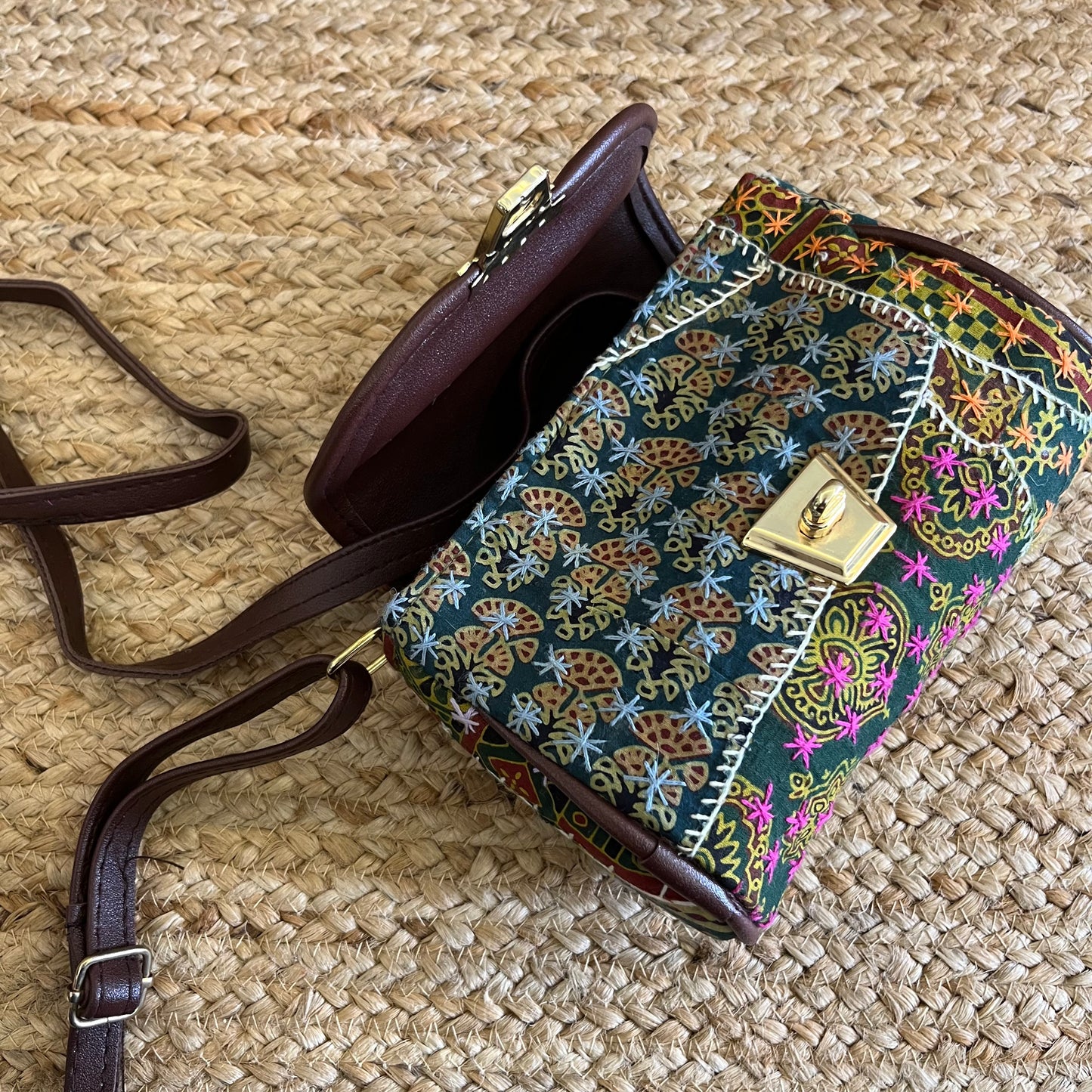 Green Handblock Printed Vegan Leather Sling Bag