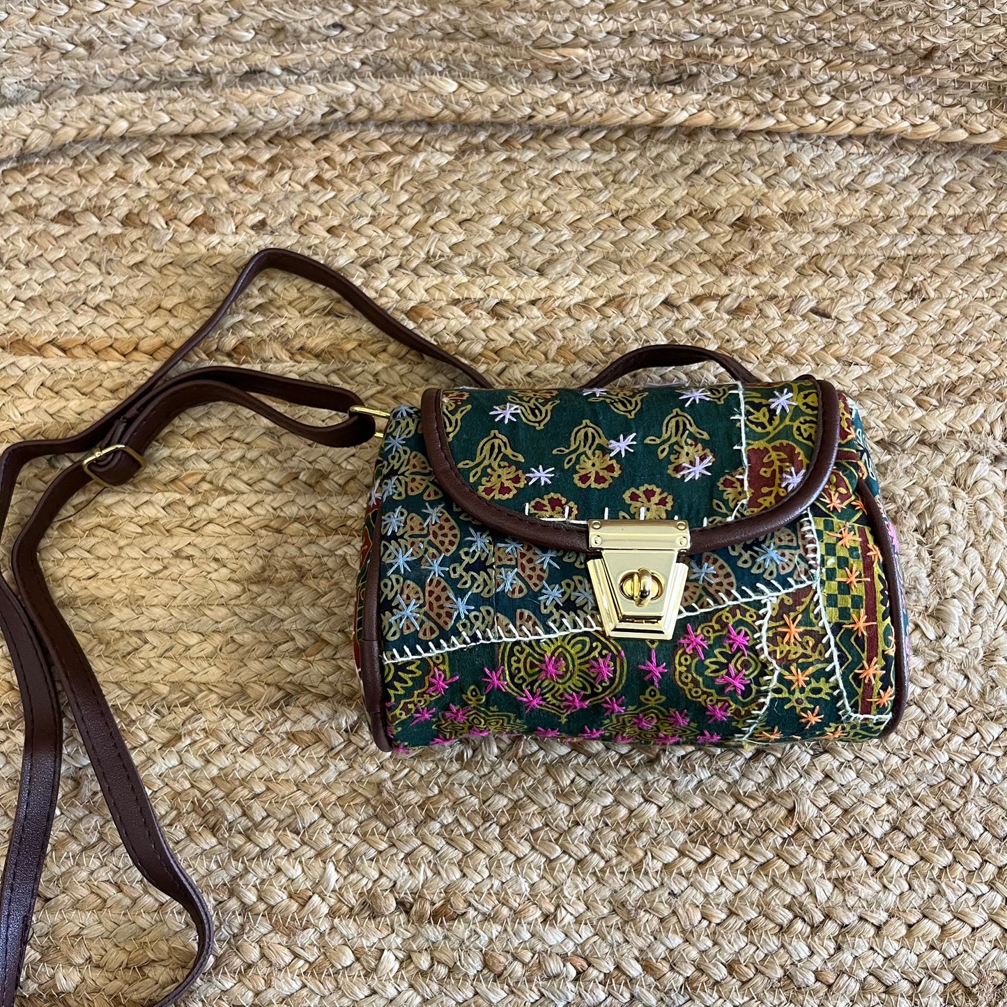 Green Handblock Printed Vegan Leather Sling Bag